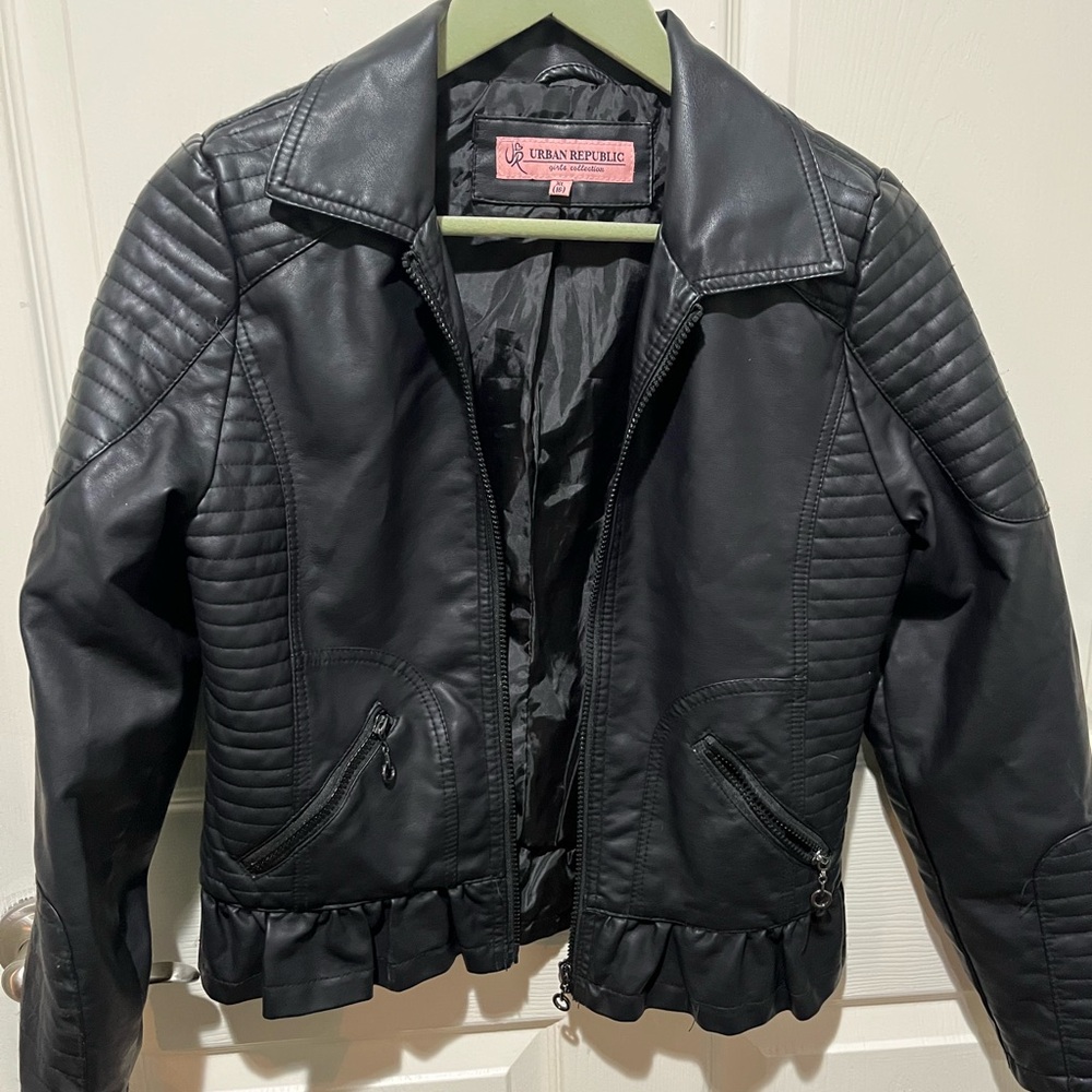 Black Faux Leather Jacket with Ruffle Hem XL (16)